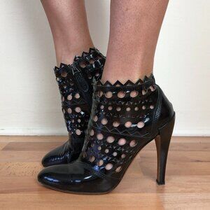 Vintage Alaïa Black Patent Leather Cutout Heeled Booties Boots